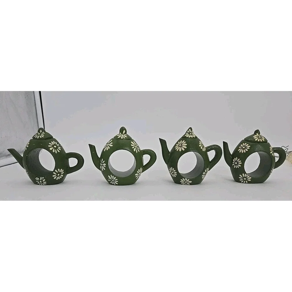 4 Wood Napkin Holders Hand Painted Green Teapot‎ Floral Vtg 70s 80s Cottagecore